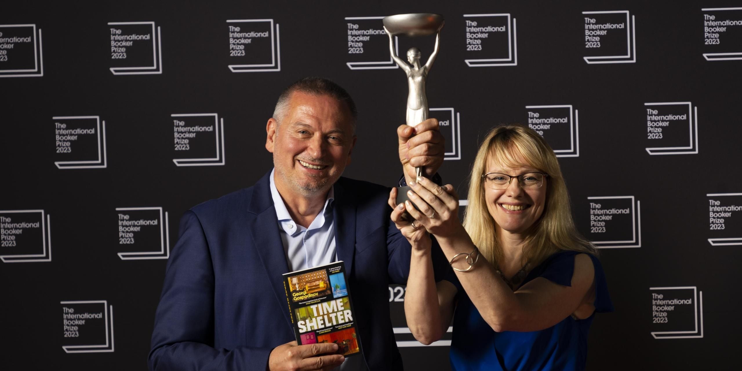 Author Georgi Gospodinov with translator Angela Rodel after winning the International Booker Prize 2023