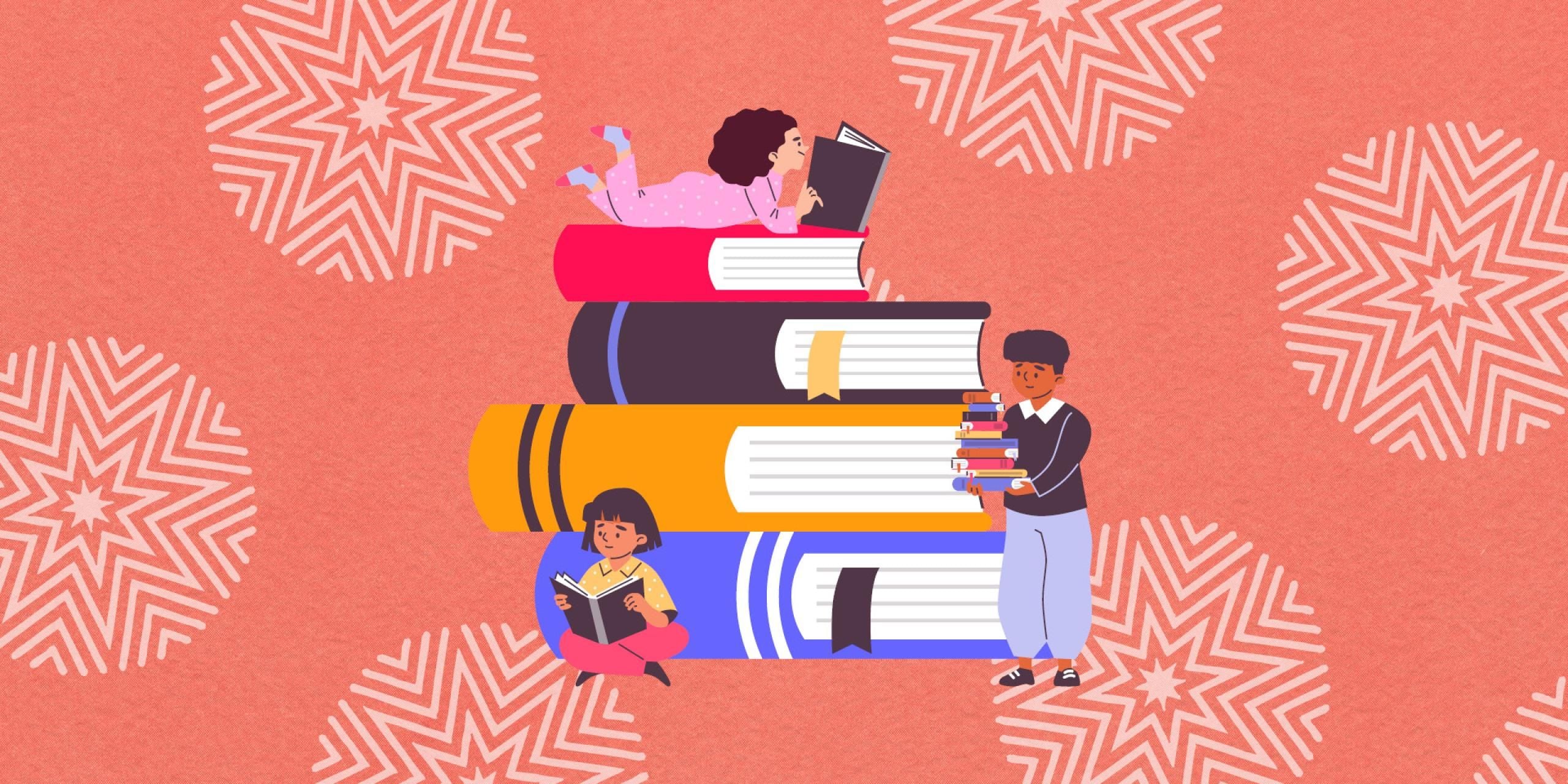 Three children reading books lying on larger books on a red background with white stars