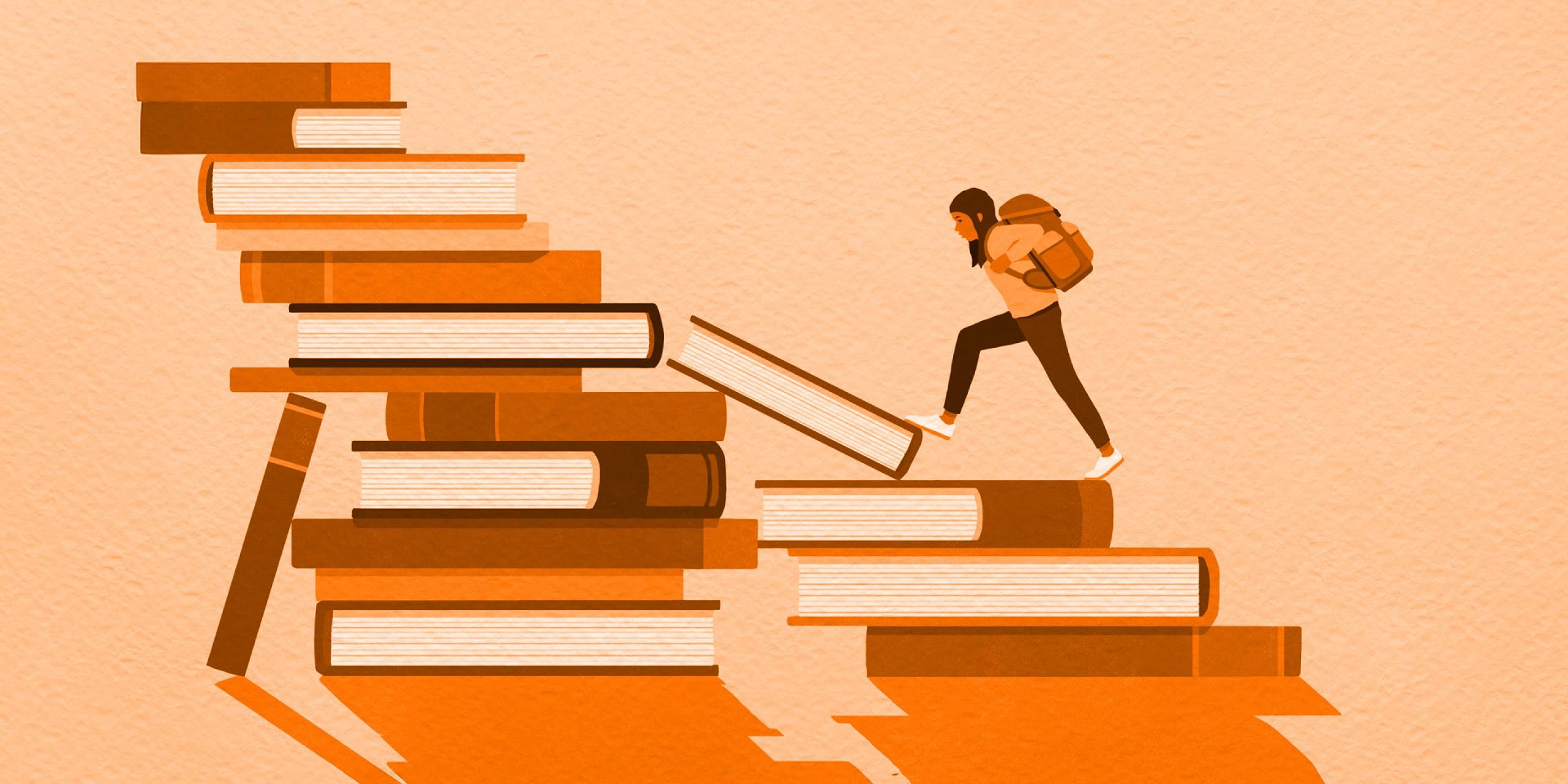 A young girl with a backpack walking up a stair of books