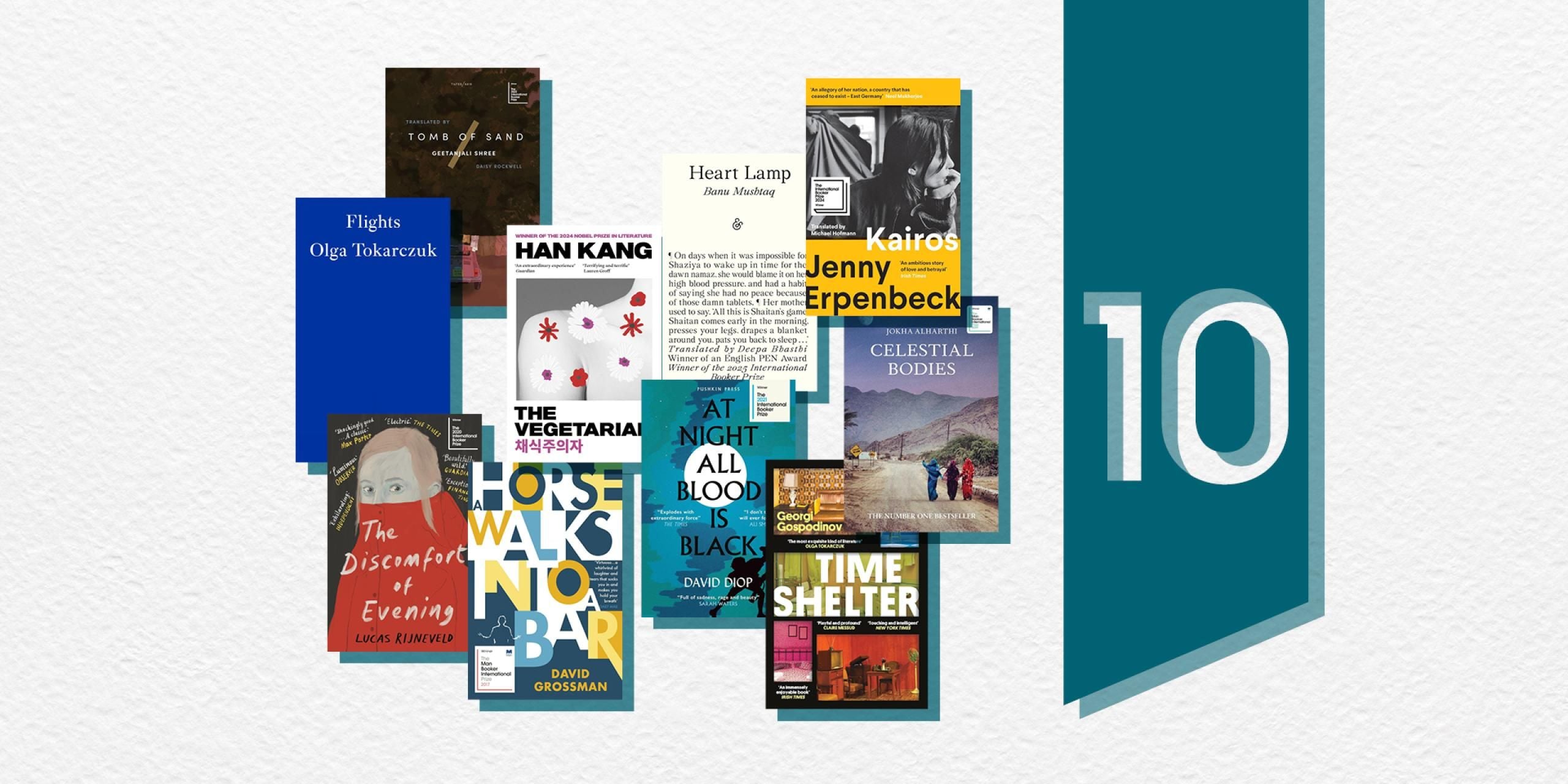Composite image showing the covers of all 10 winners of the International Booker Prize since 2016, alongside a large number 10