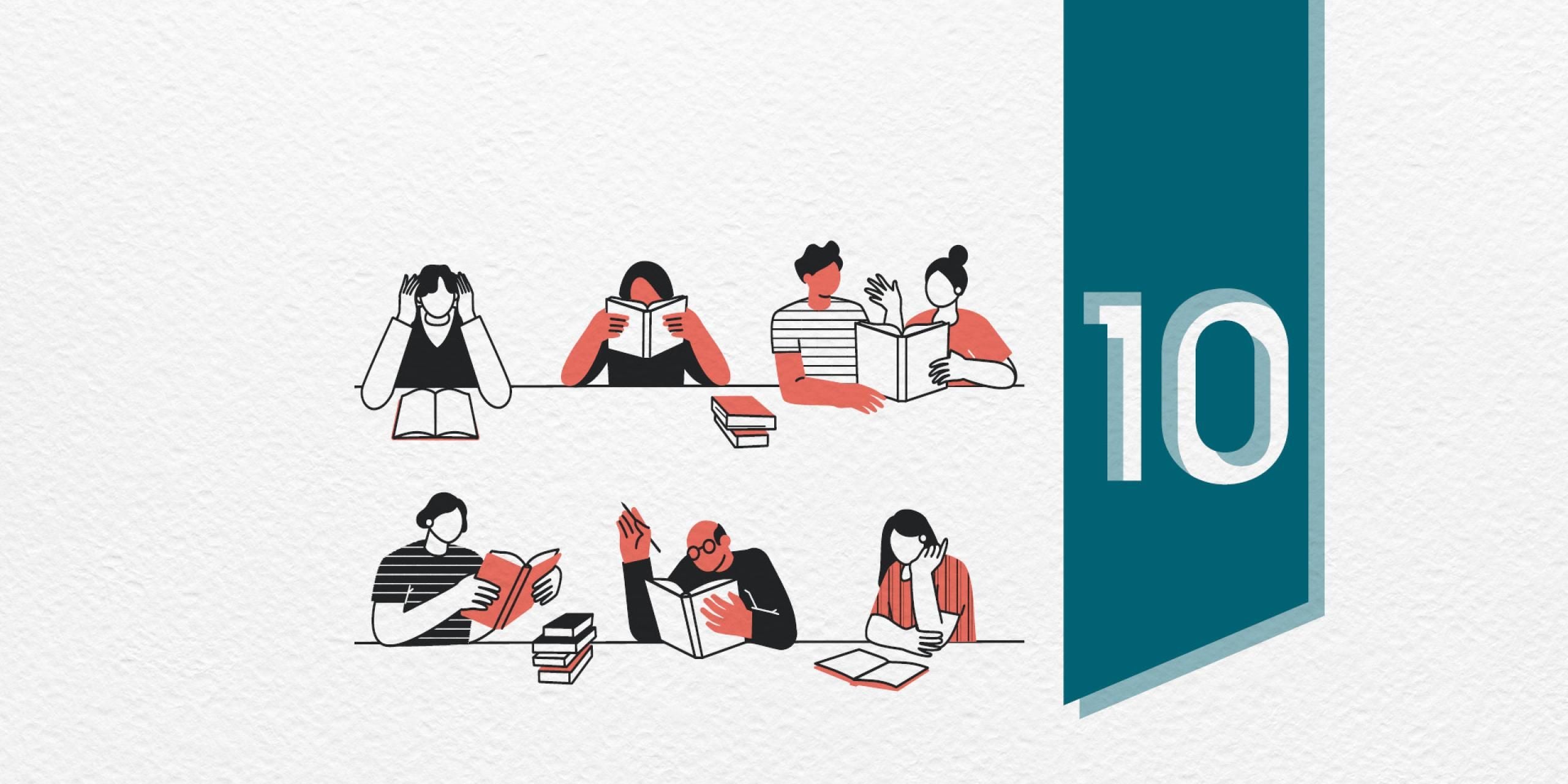 An illustration of 8 people reading. They are all of different genders, race and age and are all partaking in different reading setups.