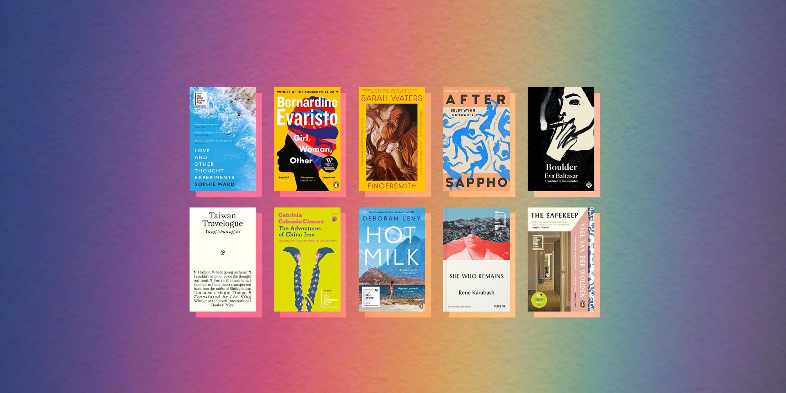 10 book covers on a rainbow coloured background.