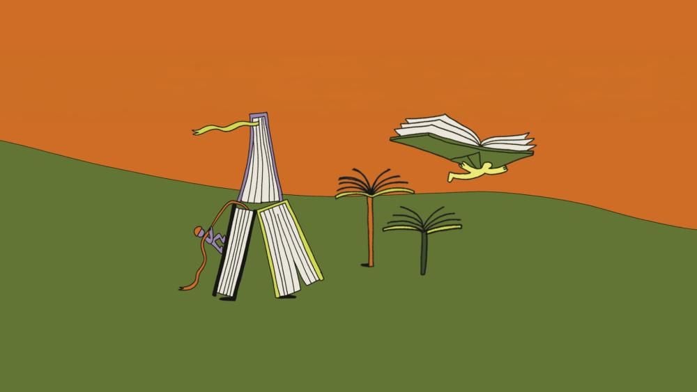 An illustration with giant books arranged into playful situations to become a climbing frame and glider-style plane, with a character climbing and a character flying. The sky is orange and the ground is green. There are trees made of books, too.