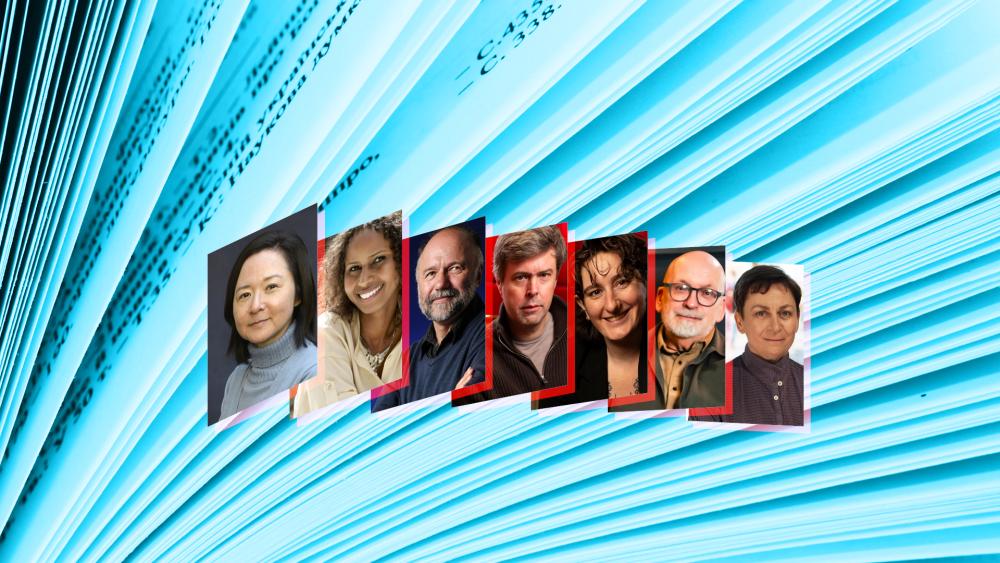 composite image featuring Booker-nominated authors Yoko Ogawa, Roddy Doyle, Nadifa Mohamed, Yael van der Wouden, David Szalay, Andrey Kurkov, Anne Enright